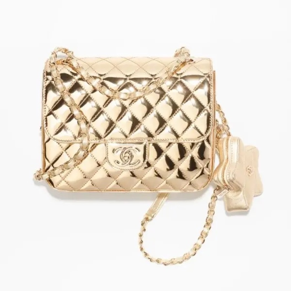 New Chanel Classic Single Flap Bag with Star Coin Purse Quilted Metallic Leather